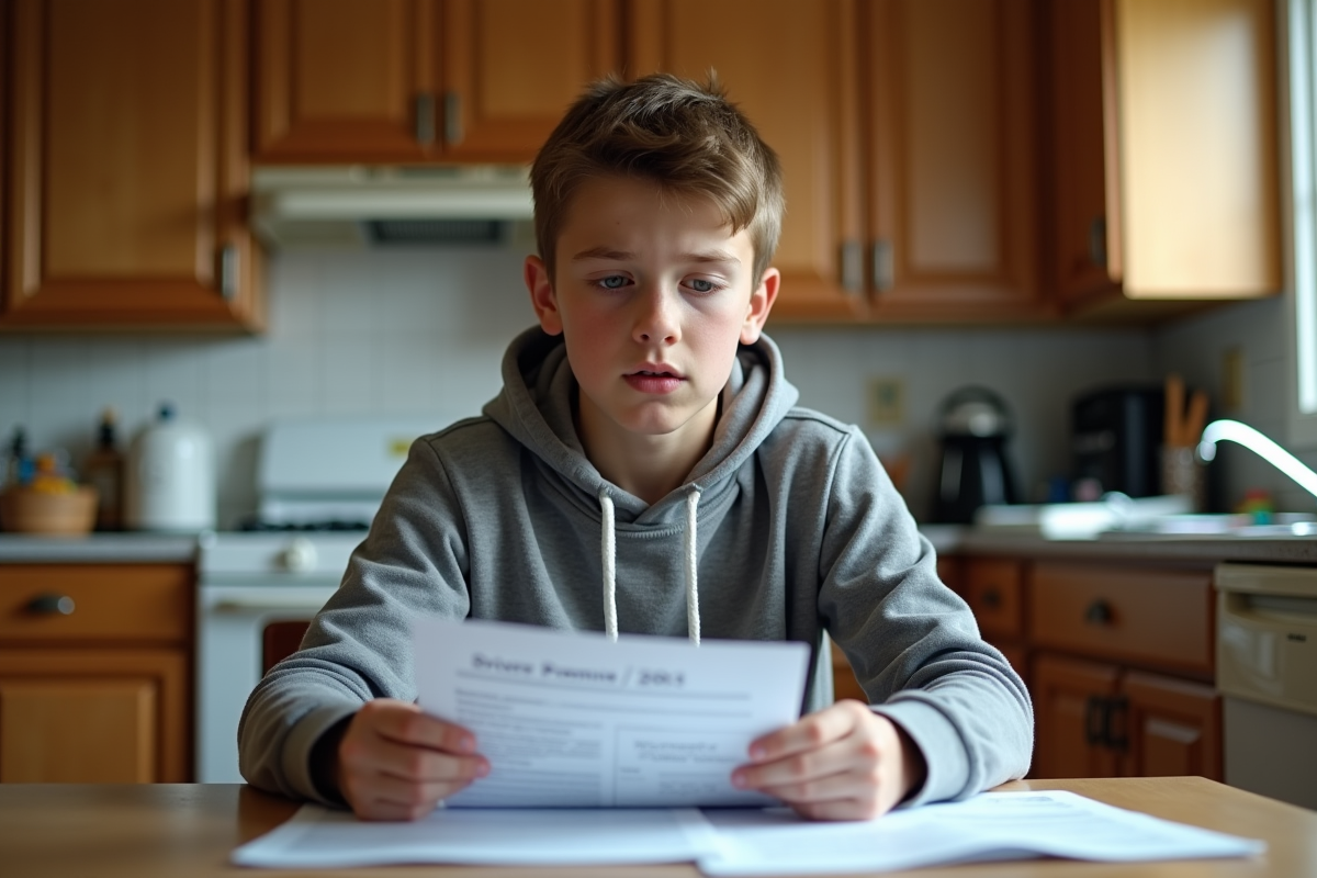 Adolescent regardant des papiers et permis de conduire