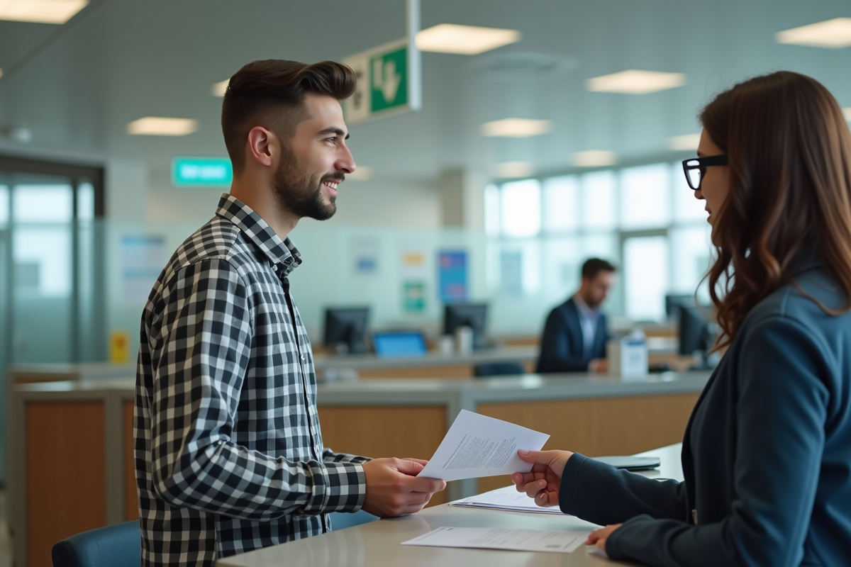 Jeune homme remettant des documents à un agent dans un bureau administratif