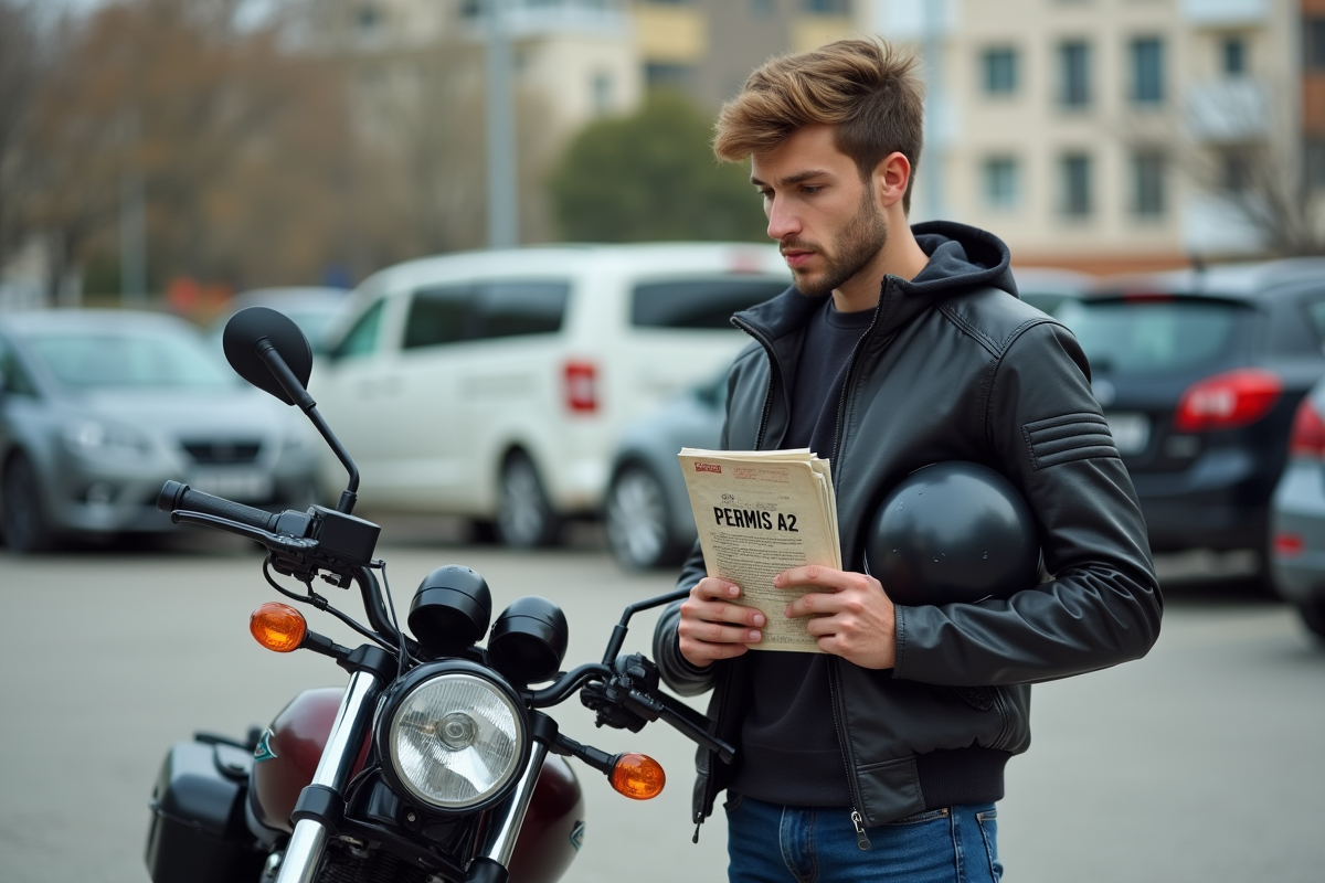 Jeune homme avec casque et permis A2 en ville