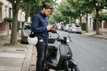 Jeune homme avec un scooter 50cc consultant son téléphone pour comparer des assurances moto