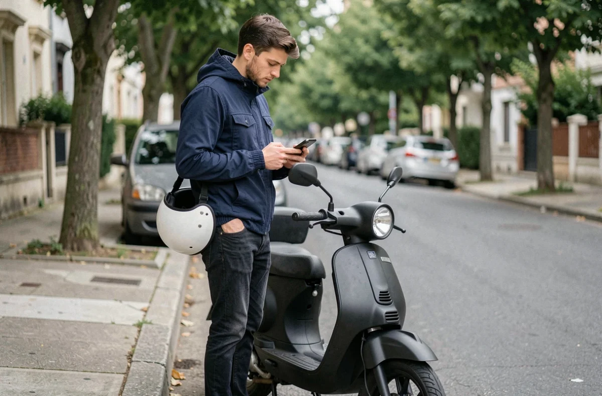 Jeune homme avec un scooter 50cc consultant son téléphone pour comparer des assurances moto
