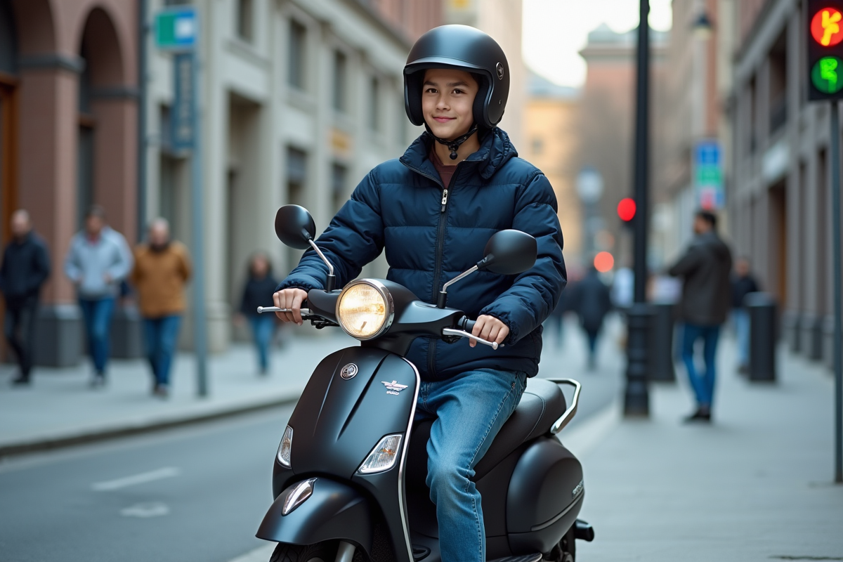Jeune homme en scooter dans une ville animée