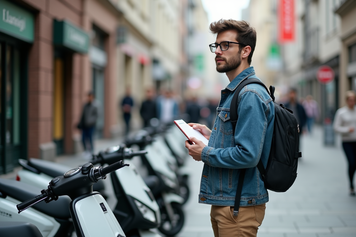 Jeune homme avec notepad près de scooters en ville