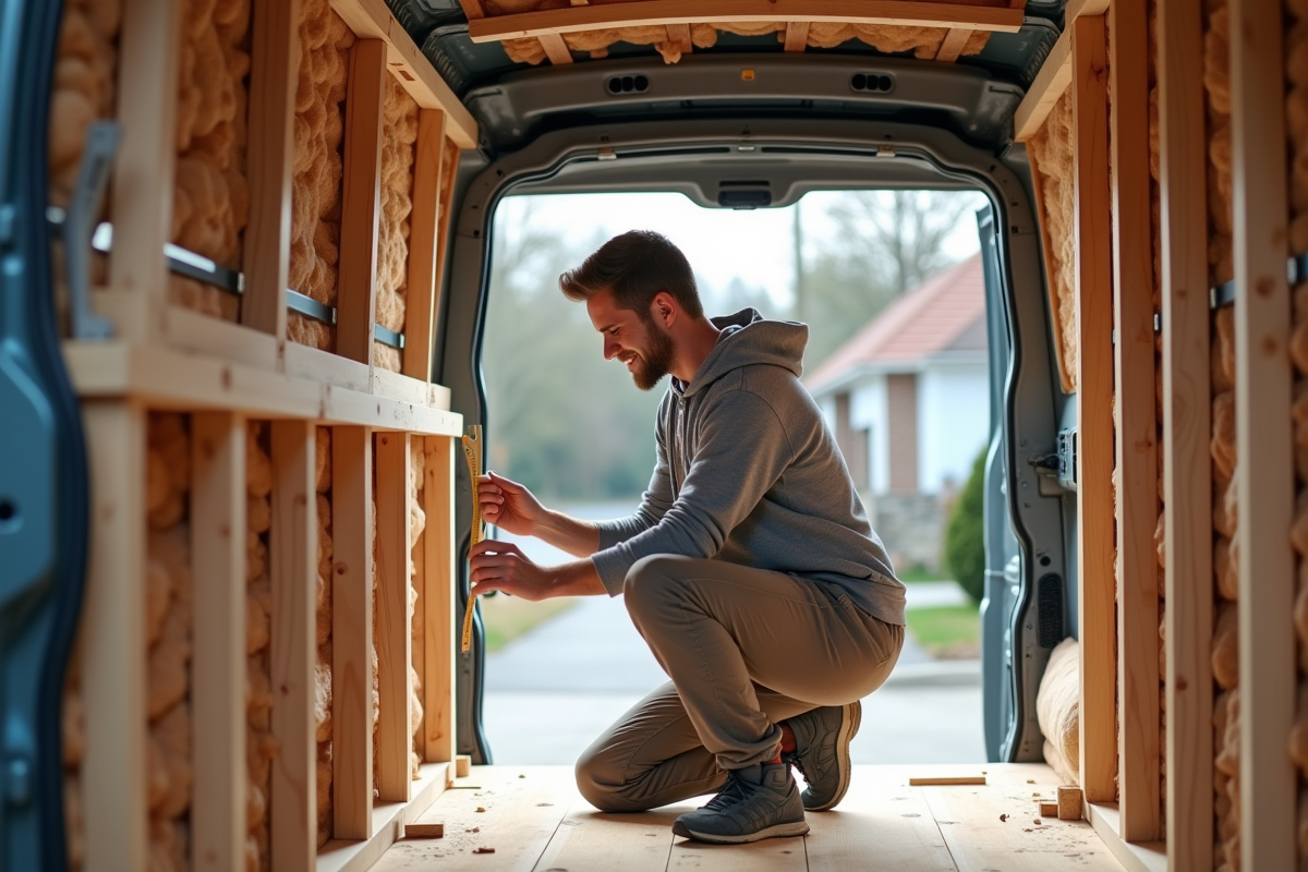 Jeune homme mesurant des panneaux en van en cours d'aménagement