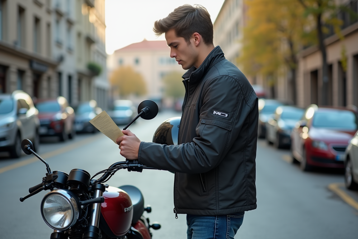 Jeune motard urbain avec casque et document