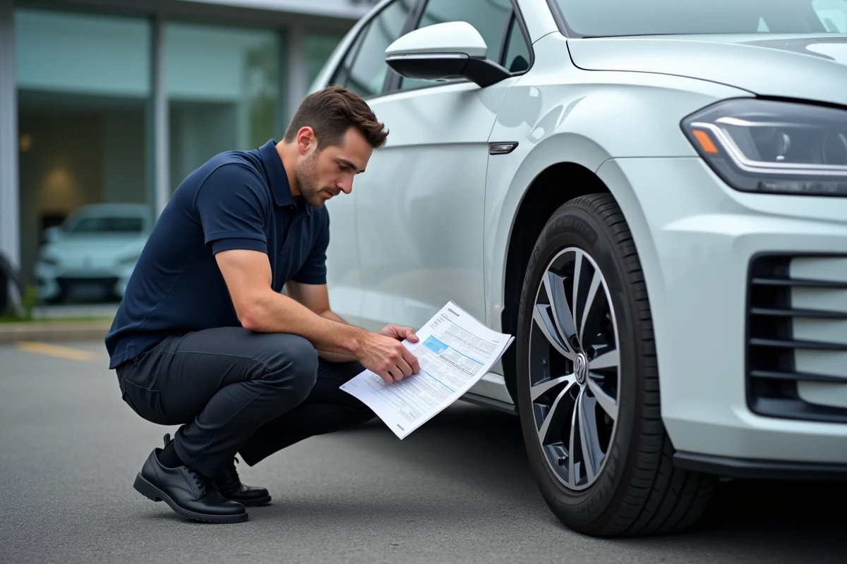 Journaliste automobile inspectant la carrosserie d'une Golf 7 blanche avec une fiche technique sur le poids du véhicule