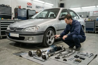 Kit maxi complet pour Peugeot 306 disposé sur établi dans un garage automobile avec mécanicien inspectant les pièces