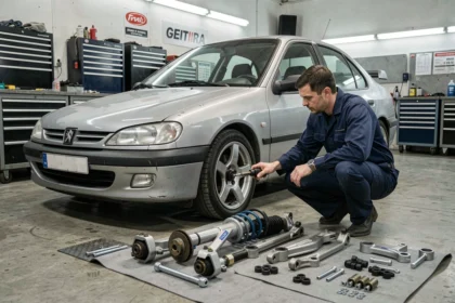 Kit maxi complet pour Peugeot 306 disposé sur établi dans un garage automobile avec mécanicien inspectant les pièces