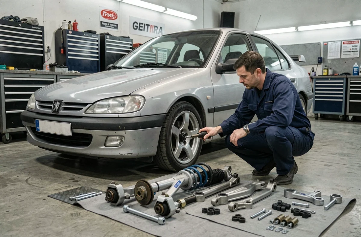 Kit maxi complet pour Peugeot 306 disposé sur établi dans un garage automobile avec mécanicien inspectant les pièces