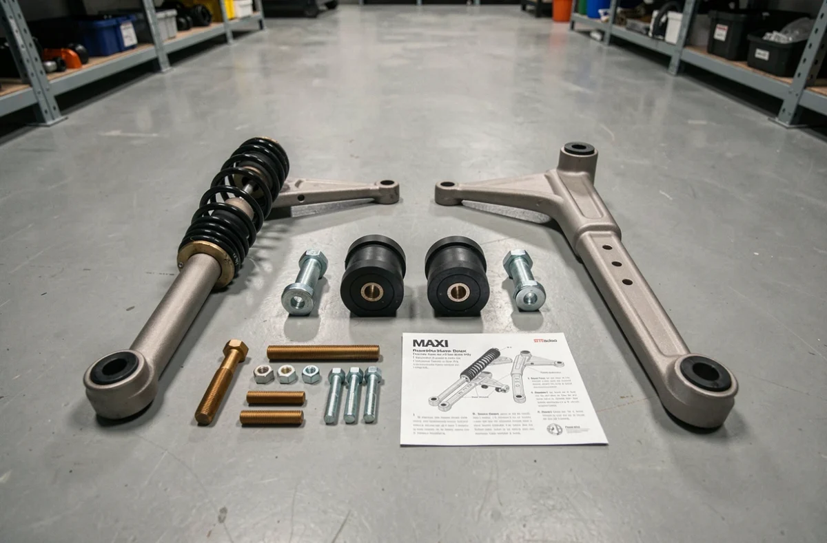 Vue aérienne d'un kit maxi suspension pour 306 avec ressorts, silent-blocs et triangles de suspension disposés au sol