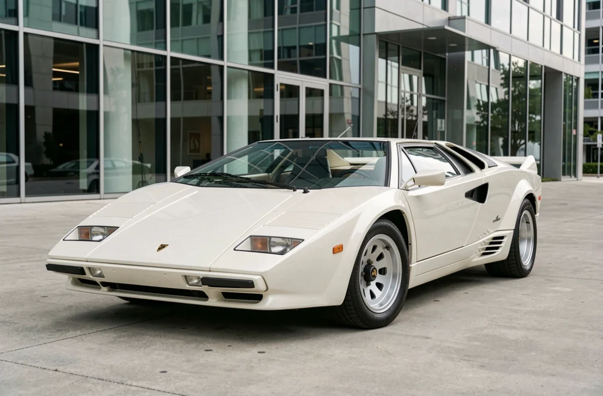 Lamborghini Countach LP400 blanche vue de trois quarts avant dans un cadre urbain contemporain, idéale pour illustrer un article sur l'assurance et la fiscalité des voitures de collection