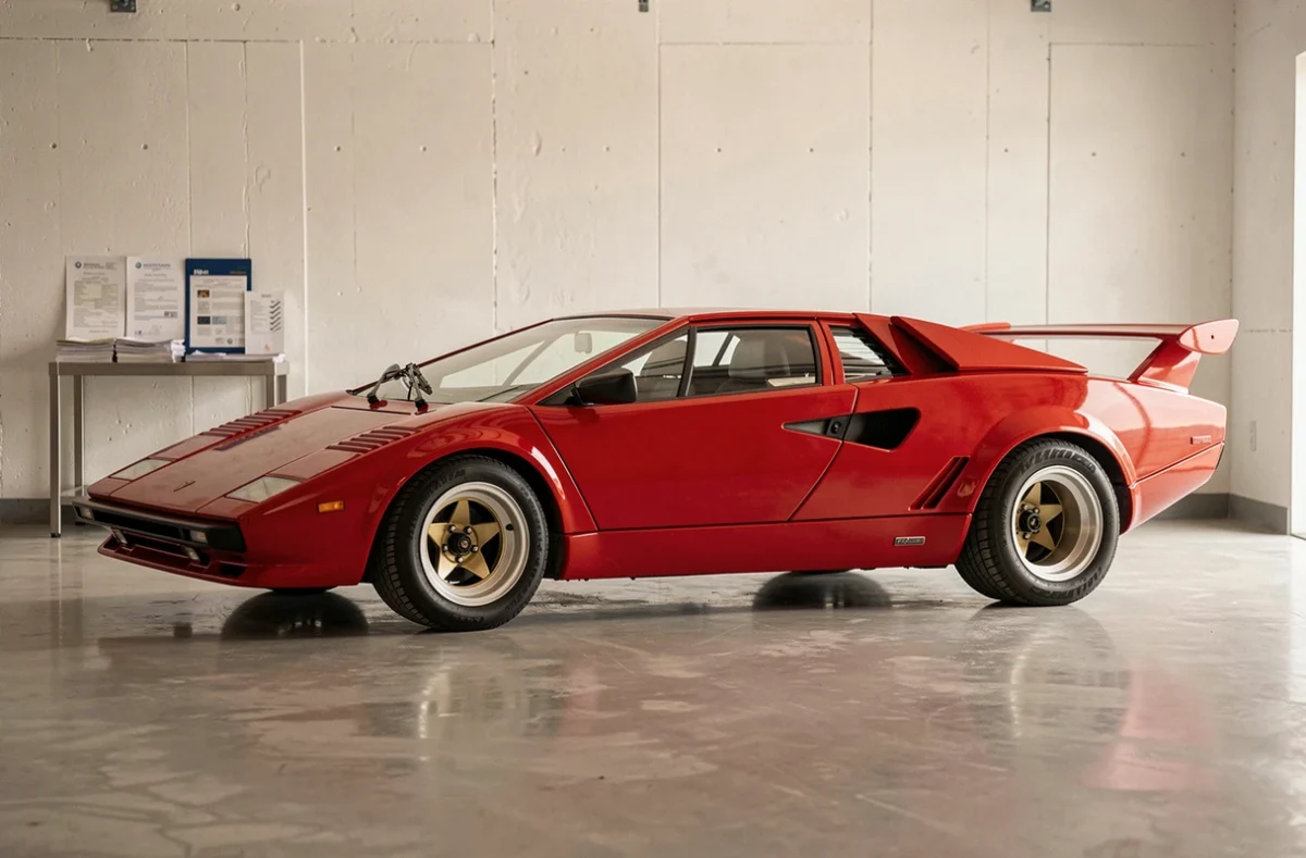 Lamborghini Countach 5000 QV rouge en profil dans un garage privé avec des documents d'immatriculation et d'assurance posés sur une table, illustration pour carte grise et fiscalité automobile