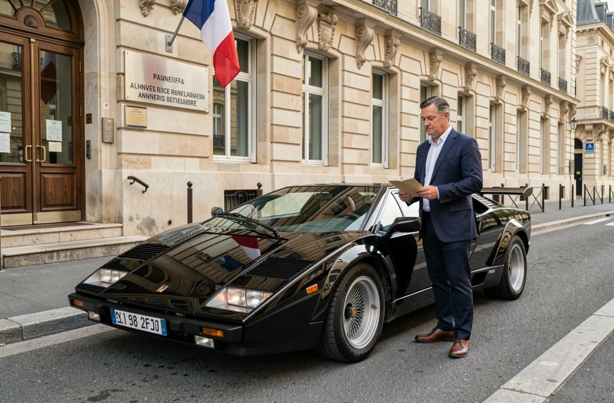 Lamborghini Countach noire devant une préfecture française avec un homme tenant une enveloppe administrative, scène illustrant la démarche de carte grise et d'immatriculation d'un véhicule de collection