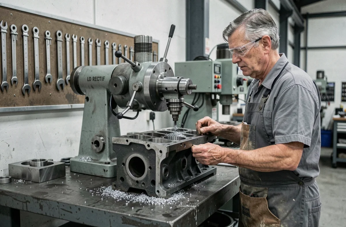 Technicien de LD Rectif opérant une machine à rectifier les cylindres sur un bloc moteur dans un atelier de mécanique de précision vosgien