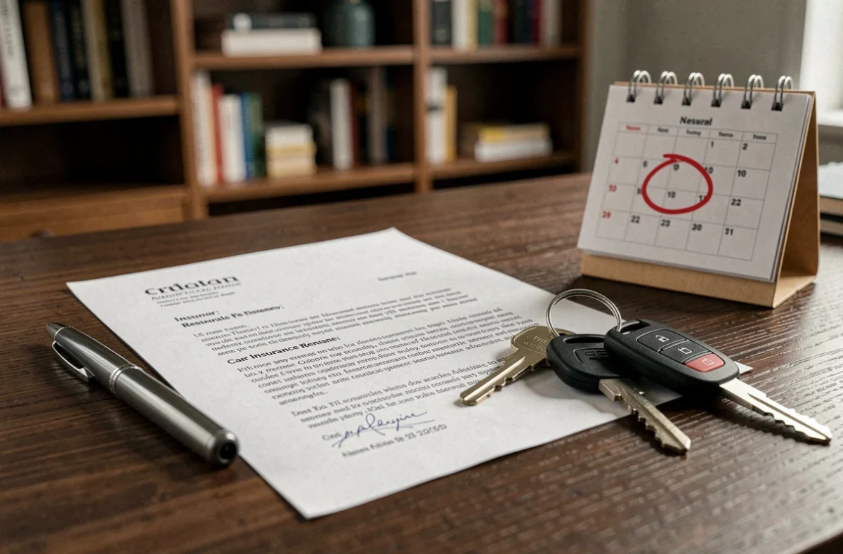 Lettre de renouvellement assurance auto avec clés de voiture et calendrier sur un bureau