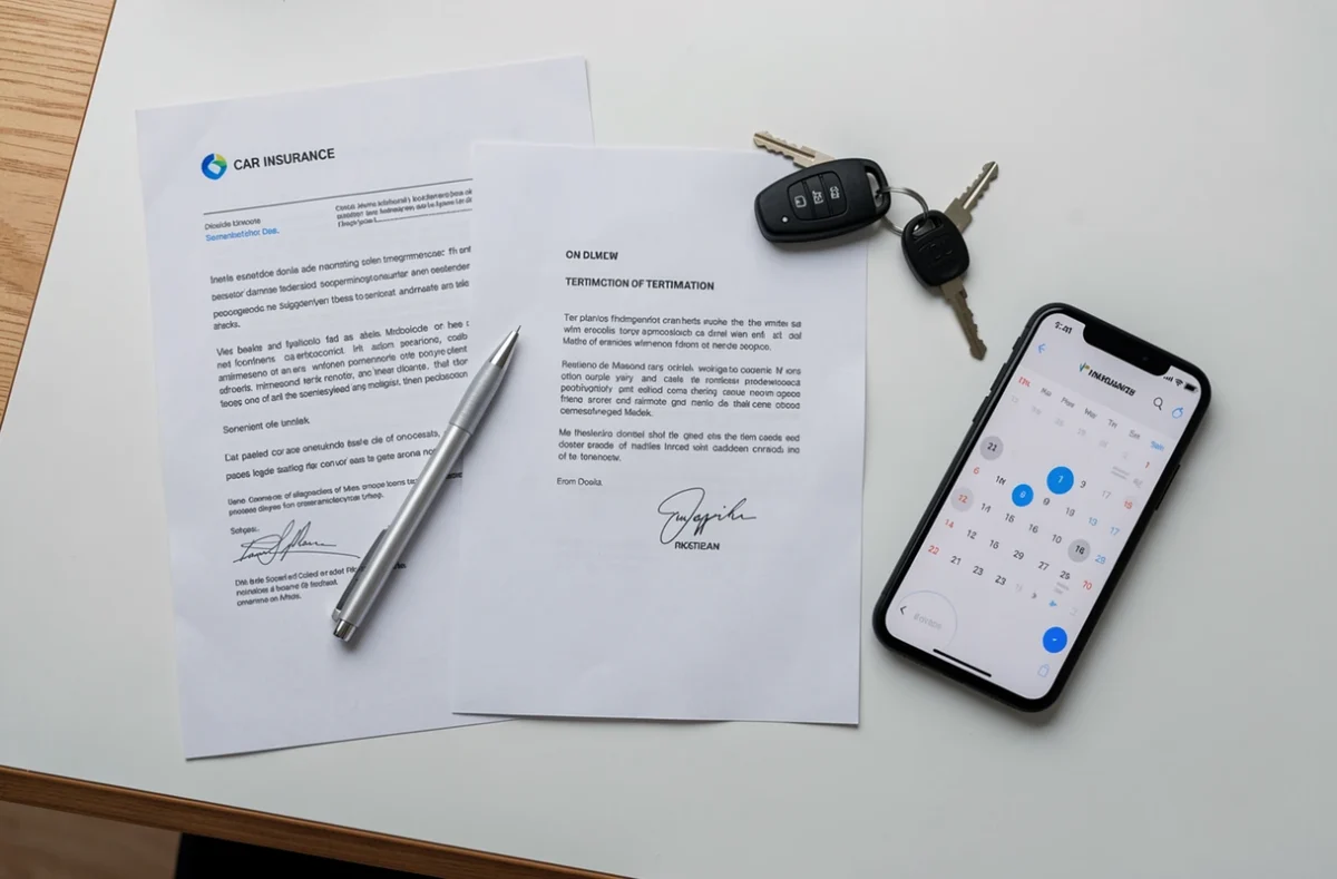 Vue du dessus d'une lettre de résiliation d'assurance auto signée avec clés de voiture et téléphone sur un bureau