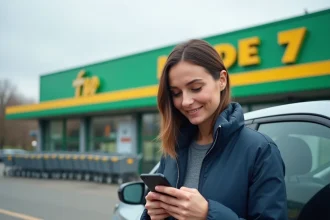 Femme consultant son smartphone à côté d'une voiture de location devant un hypermarché Leclerc