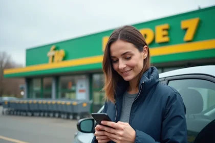 Femme consultant son smartphone à côté d'une voiture de location devant un hypermarché Leclerc