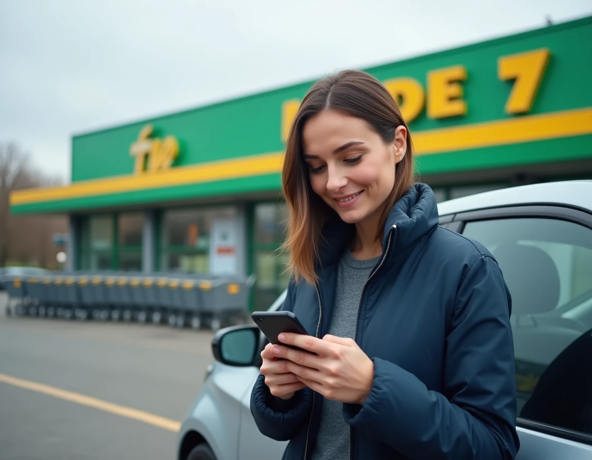 Femme consultant son smartphone à côté d'une voiture de location devant un hypermarché Leclerc