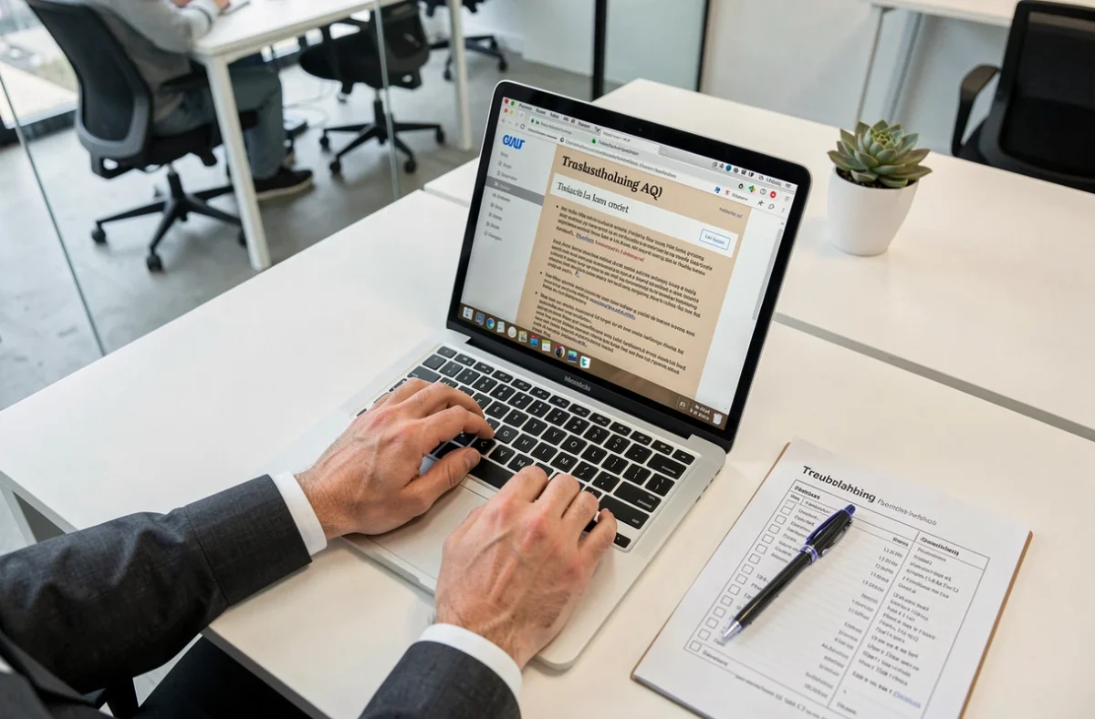 Mains tapant sur un clavier d'ordinateur portable ouvert sur une page d'aide pour résoudre un problème de connexion