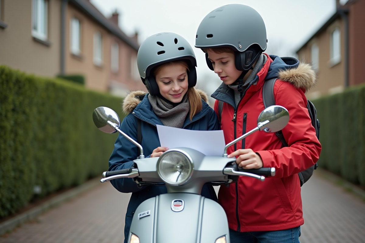 Maman et fils avec scooter dans une rue résidentielle