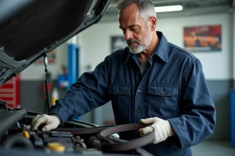 Mécanicien homme examinant une courroie de distribution dans un garage propre