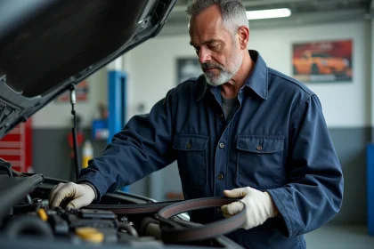 M&eacute;canicien homme examinant une courroie de distribution dans un garage propre