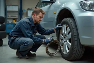 Mécanicien automobile examinant une jante abîmée avec une covering jante dans un atelier de réparation professionnel