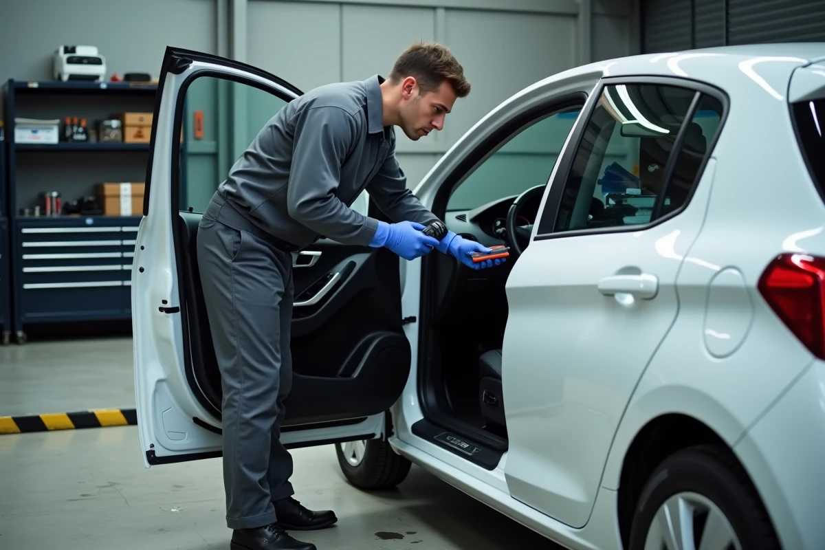 Mécanicien utilisant un scanner OBD pour diagnostiquer les voyants allumés sur une Peugeot 208 en garage automobile