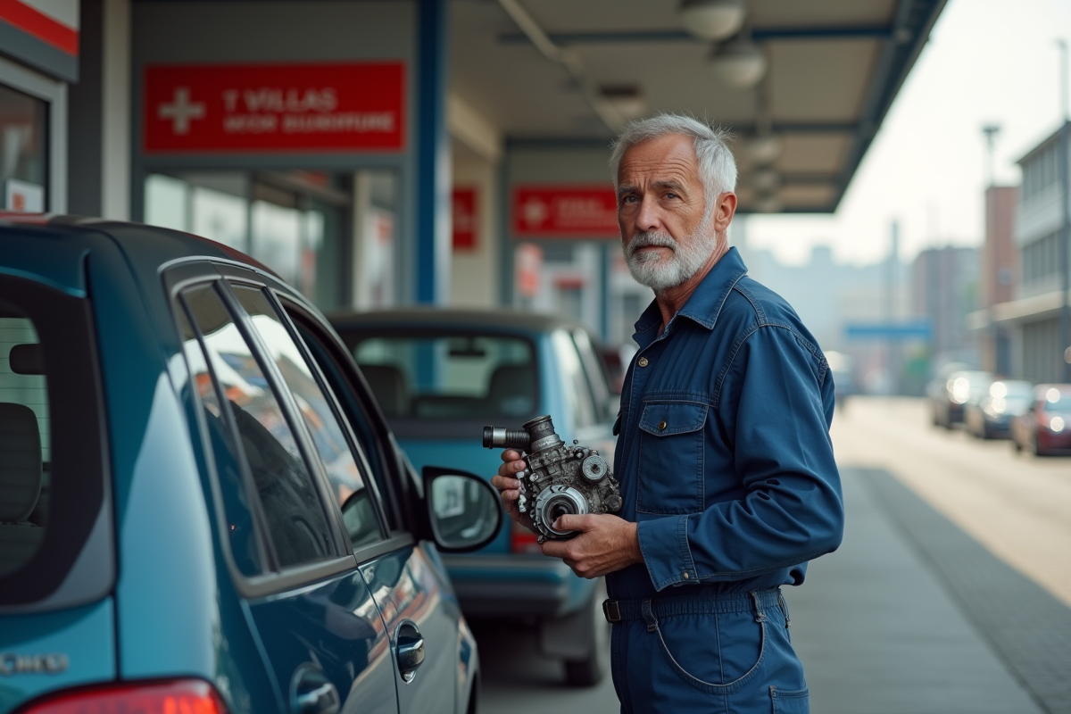 Mécanicien d'âge moyen avec moteur diesel à côté d'une voiture en ville