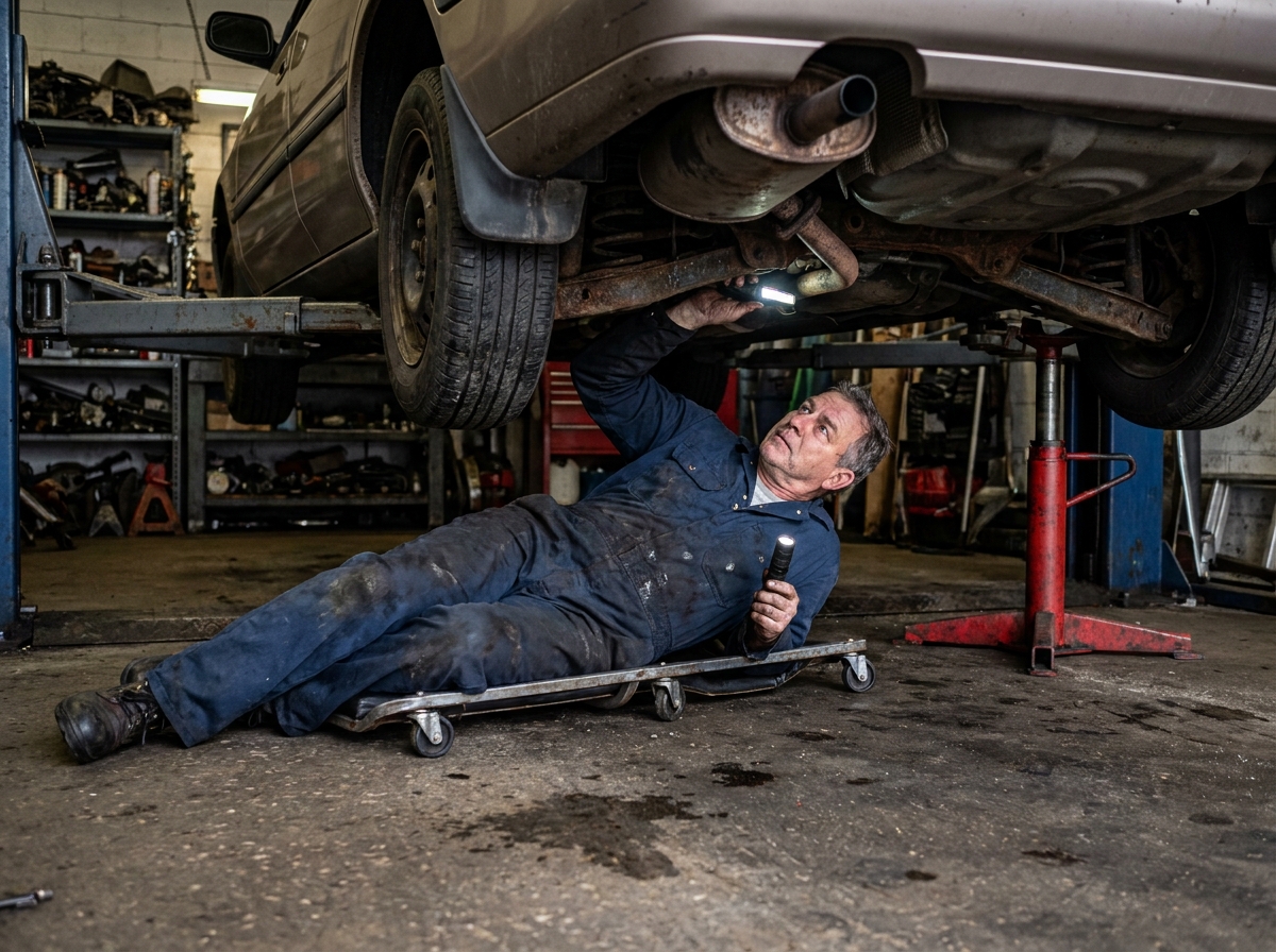 Mécanicien inspectant le dessous d'une voiture d'occasion dans un garage pour détecter des problèmes mécaniques