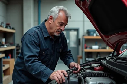 Mécanicien inspectant un moteur diesel TDI dans un atelier automobile professionnel