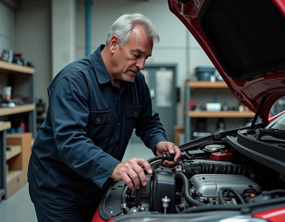 Mécanicien inspectant un moteur diesel TDI dans un atelier automobile professionnel