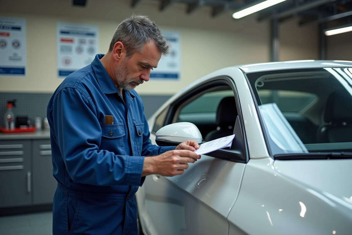Mécanicien inspectant documents près d'une voiture en garage