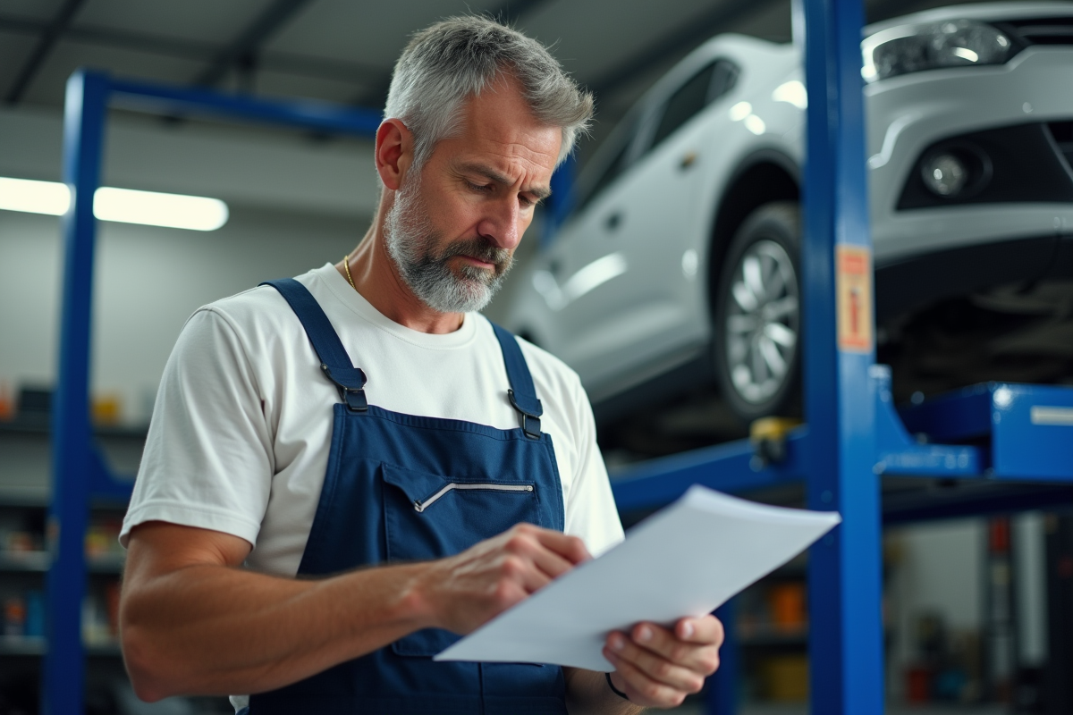 Mécanicien homme examinant un papier dans un garage moderne