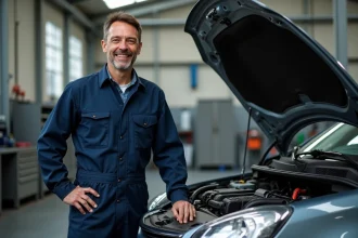 Mécanicien homme en overalls près d'une voiture