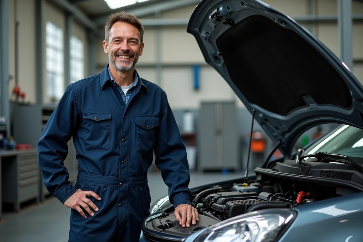 Mécanicien homme en overalls près d'une voiture