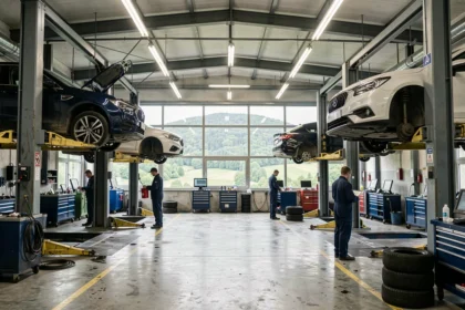 Vue panoramique d'un garage automobile professionnel dans les Vosges avec plusieurs ponts élévateurs et mécaniciens au travail