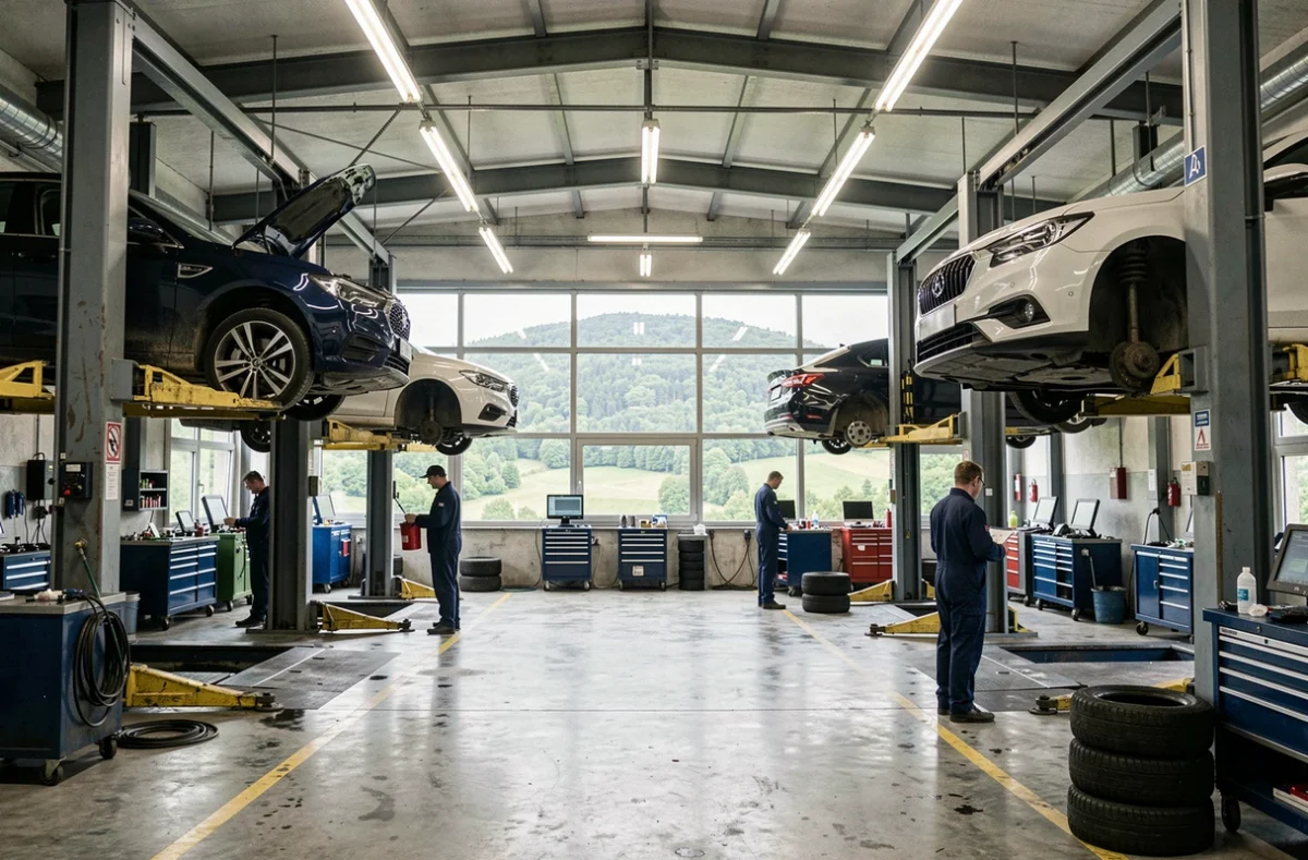 Vue panoramique d'un garage automobile professionnel dans les Vosges avec plusieurs ponts élévateurs et mécaniciens au travail