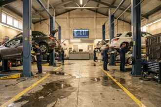 Vue d'ensemble d'un garage automobile professionnel dans les Bouches-du-Rhône avec plusieurs mécaniciens au travail