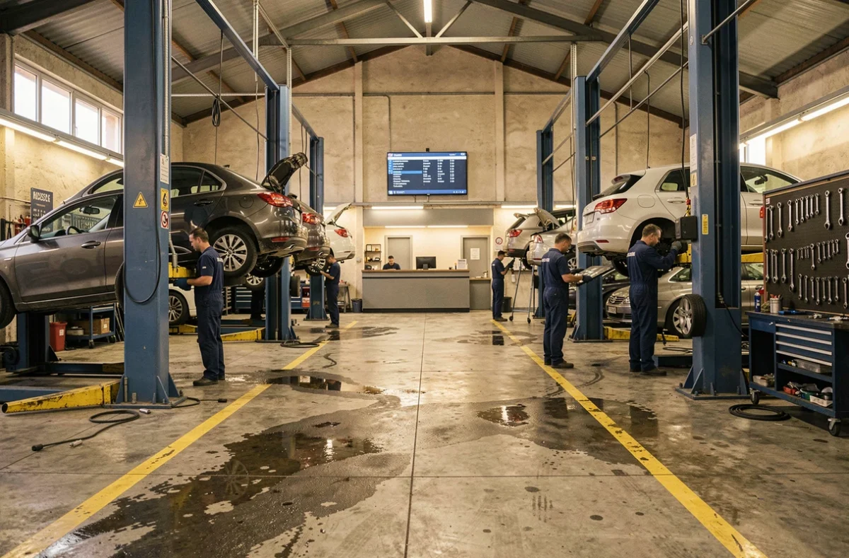 Vue d'ensemble d'un garage automobile professionnel dans les Bouches-du-Rhône avec plusieurs mécaniciens au travail