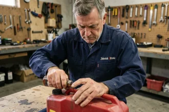 Mécanicien versant de l'huile deux temps dans un bidon d'essence dans un atelier de garage