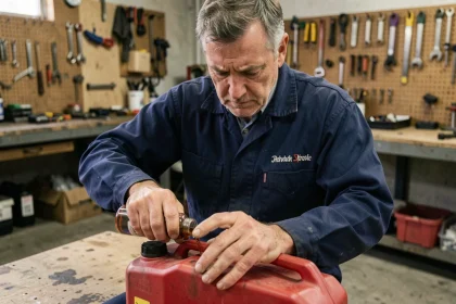 Mécanicien versant de l'huile deux temps dans un bidon d'essence dans un atelier de garage