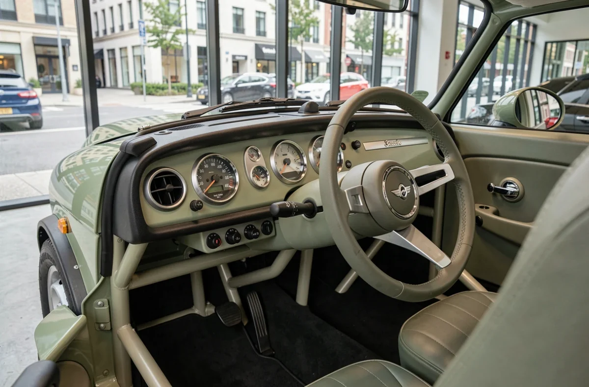 Intérieur de la Mini Cooper Moke vert sauge dans un showroom moderne, détail du tableau de bord minimaliste et des finitions vintage