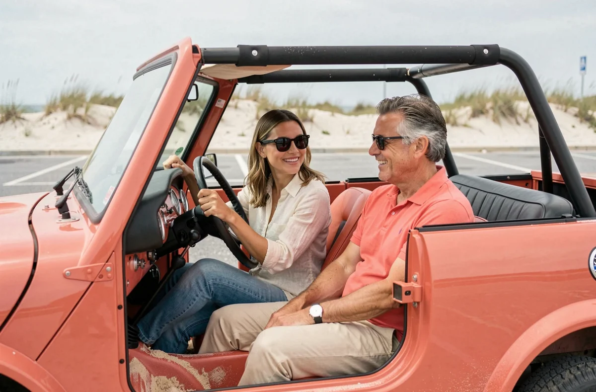 Deux personnes souriantes à bord d'une Mini Cooper Moke rouge corail dans un parking de plage, ambiance lifestyle décontractée en bord de mer