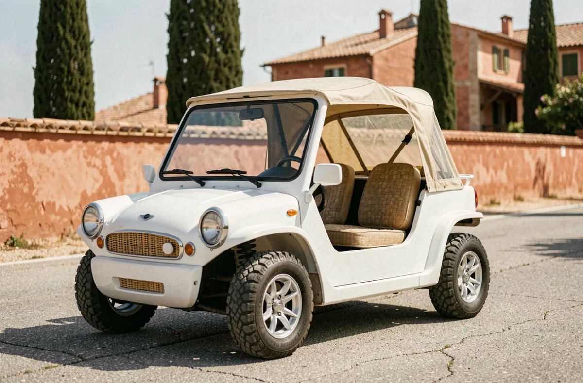 Mini Cooper Moke électrique garée sur une route côtière méditerranéenne, vue trois quarts avant mettant en valeur son design ouvert et minimaliste
