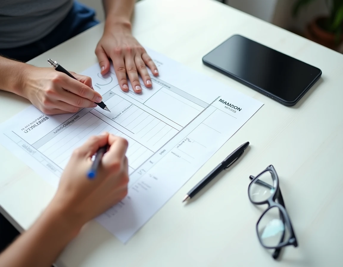Gros plan sur une carte grise française en cours de modification avec un stylo et des mains adultes