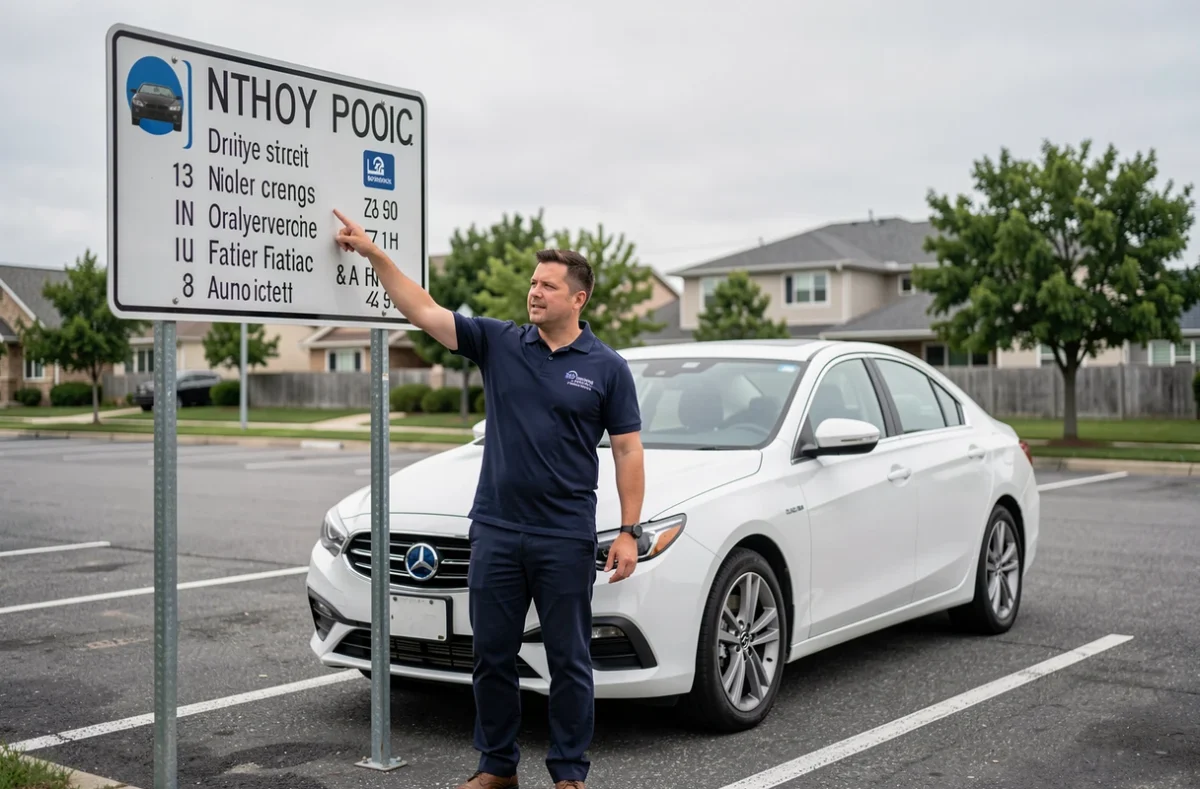 Moniteur d'auto-école expliquant un panneau de signalisation routière à côté d'une voiture blanche dans un parking