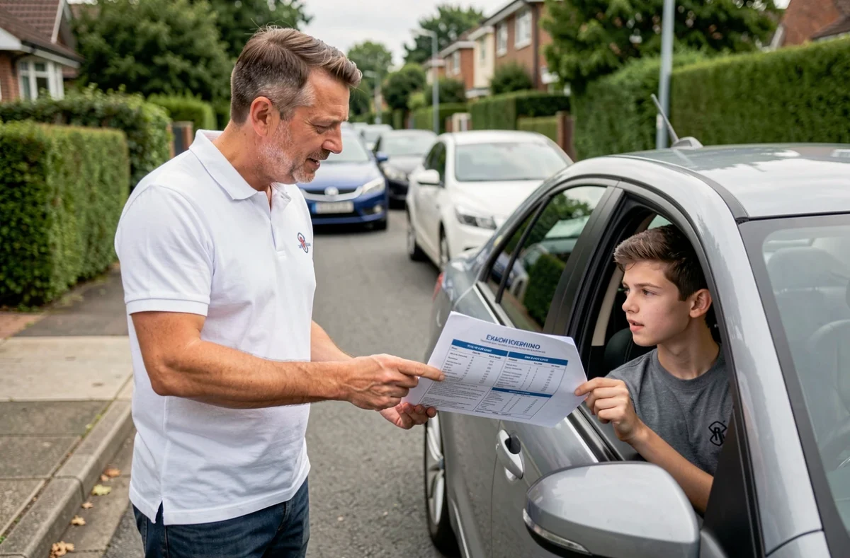 Moniteur d'auto-école expliquant les questions fréquentes du permis 2026 à un élève devant une voiture