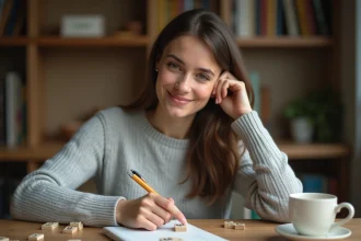 Jeune femme cherchant un mot en M sur un cahier entouré de lettres de scrabble sur une table en bois